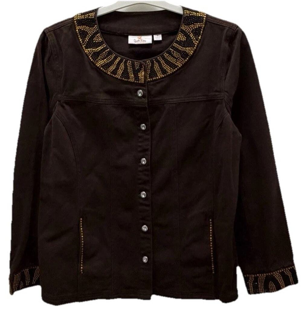 Quaker Factory Brown Embellished Jacket Rhinestone Trim Western Boho Women’s M